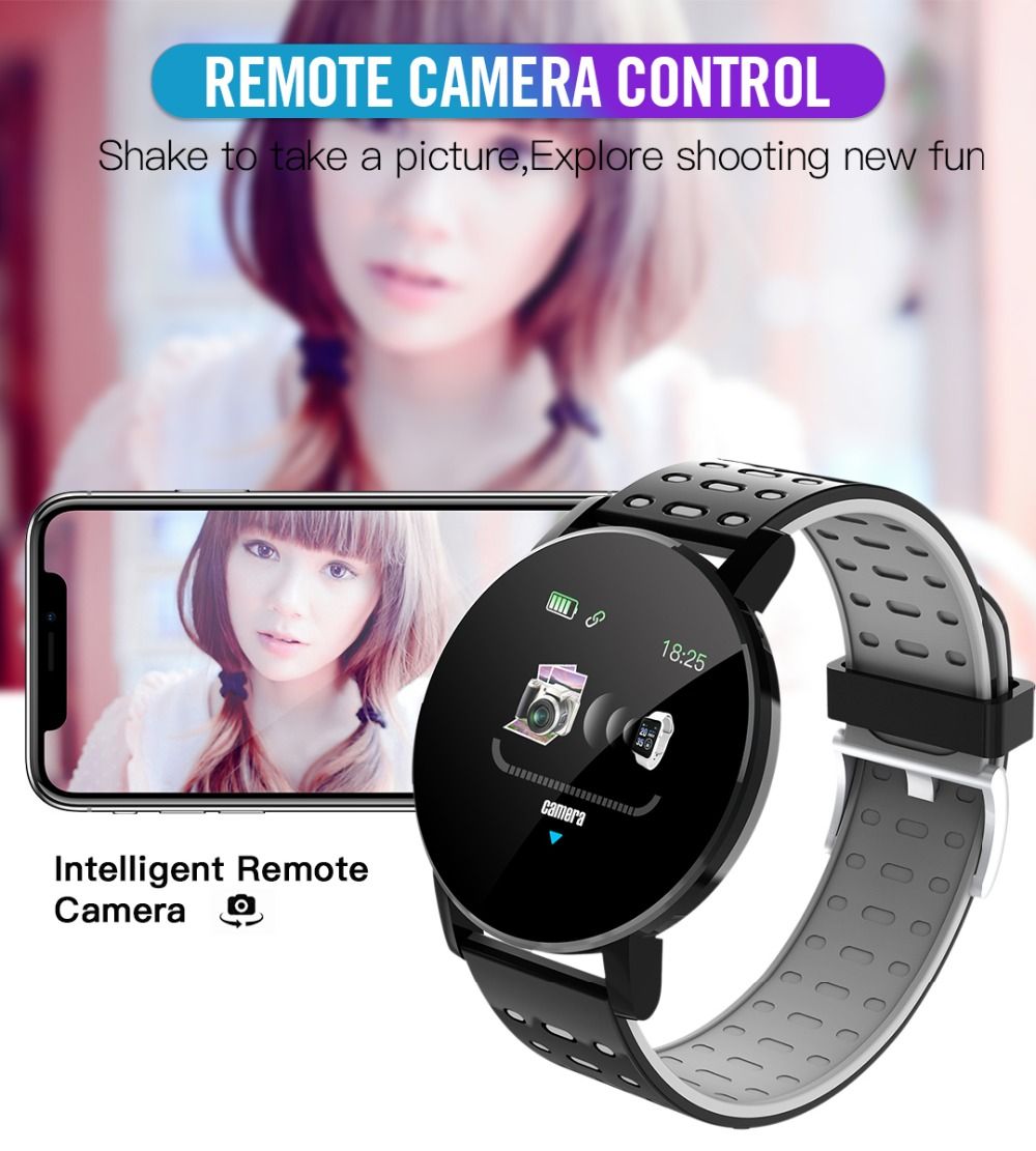 Smartwatch with remote camera control feature displayed on a phone screen, with a blurred background of a person.