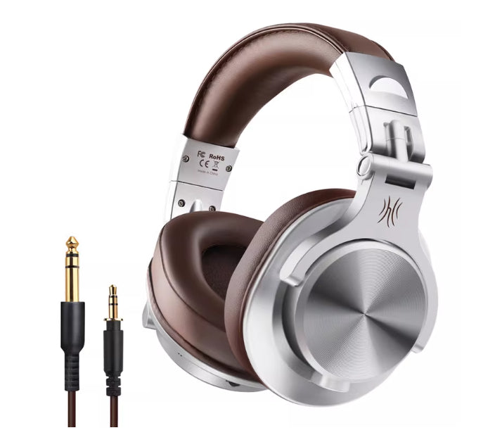 Brown and silver headphones with a cable on a white background