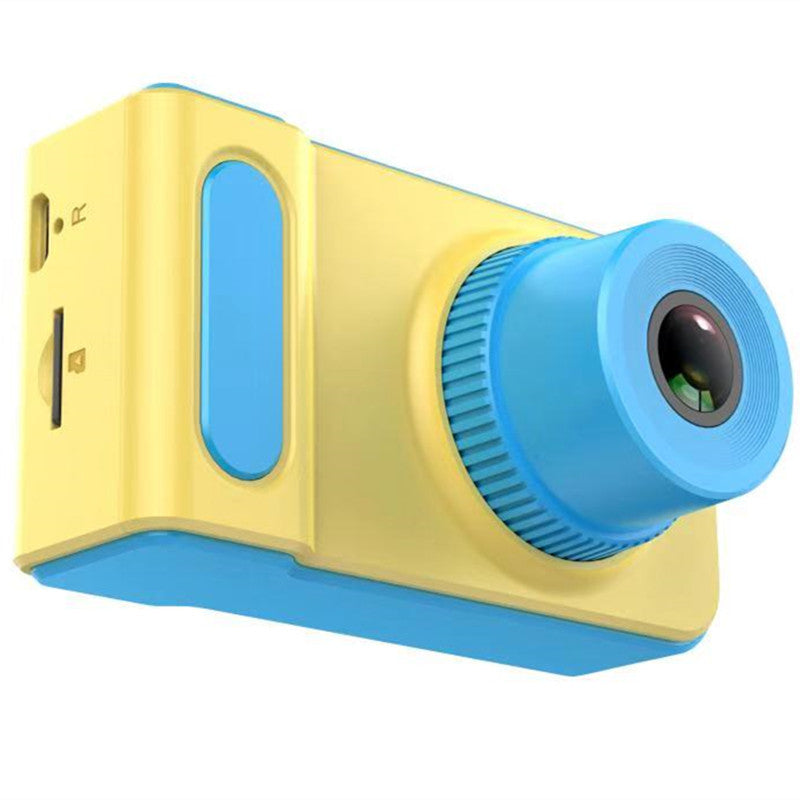 Yellow and blue toy camera on a white background