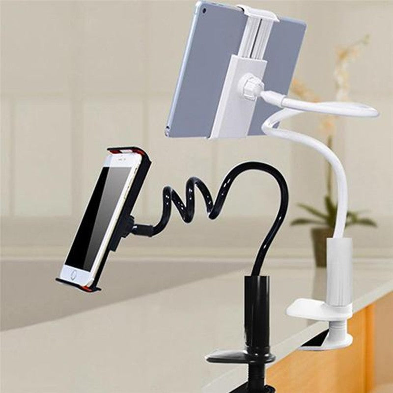 Multi-device holder with phone clip and tablet stand on a neutral background
