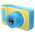 Blue and yellow toy camera on a white background