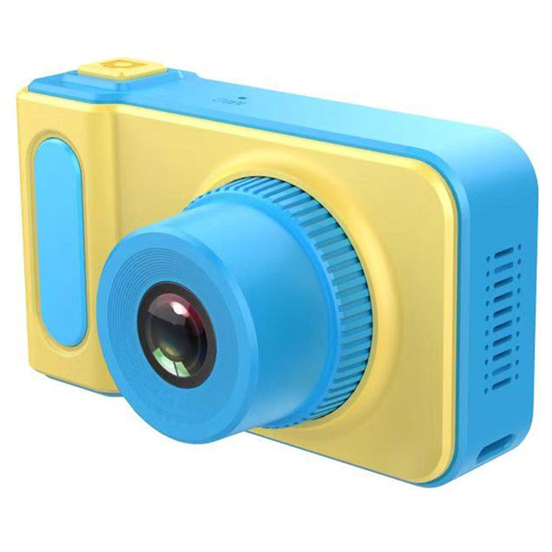 Blue and yellow toy camera on a white background