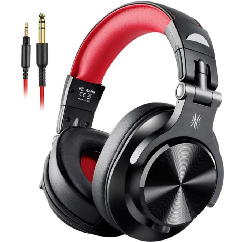 Black and red headphones with a cable on a white background