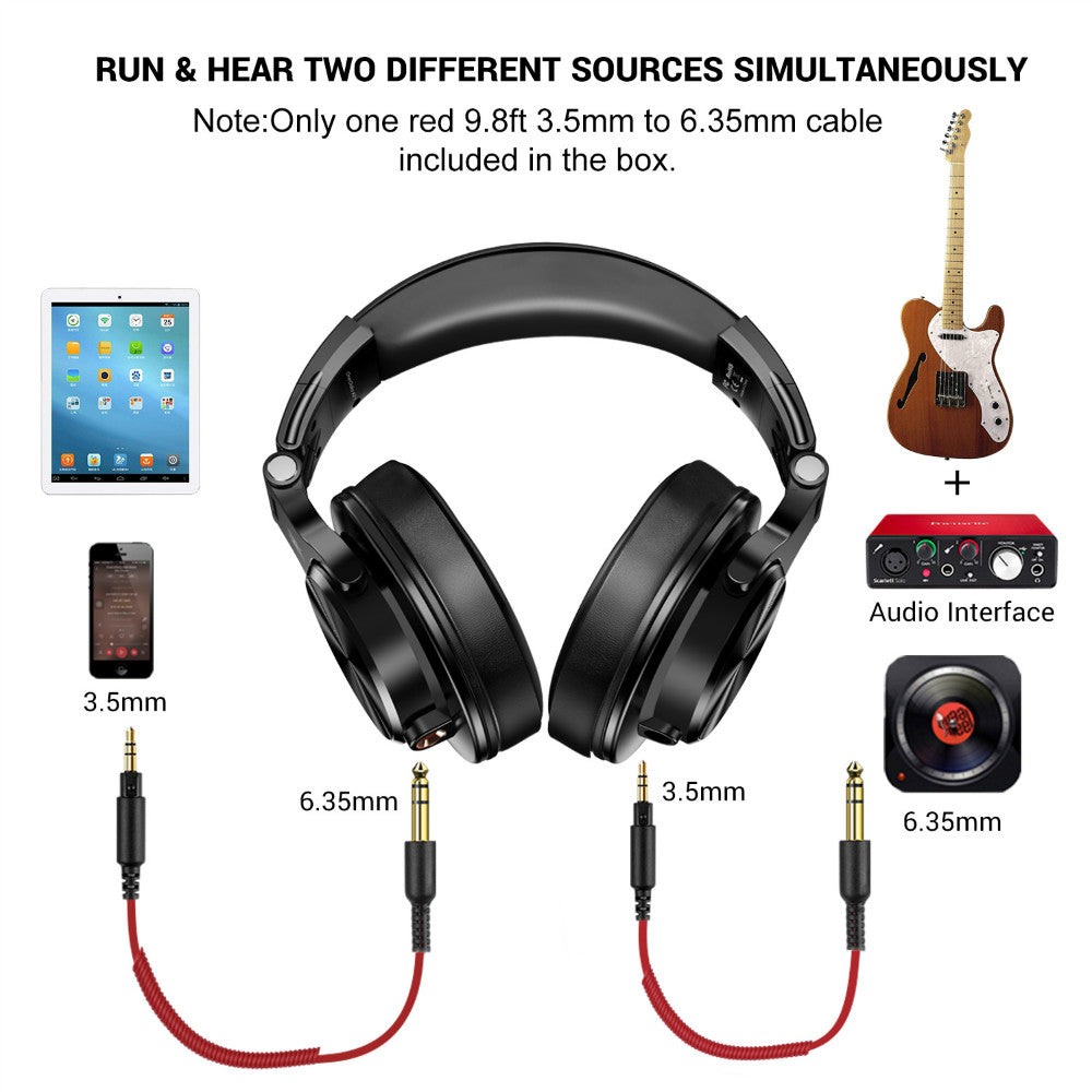 Headphones with 3.5mm and 6.35mm cables, tablet, smartphone, audio interface, and guitar on a white background.