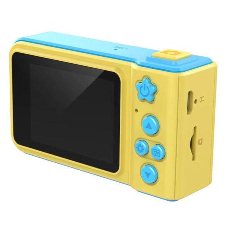 Yellow and blue toy camera on a white background