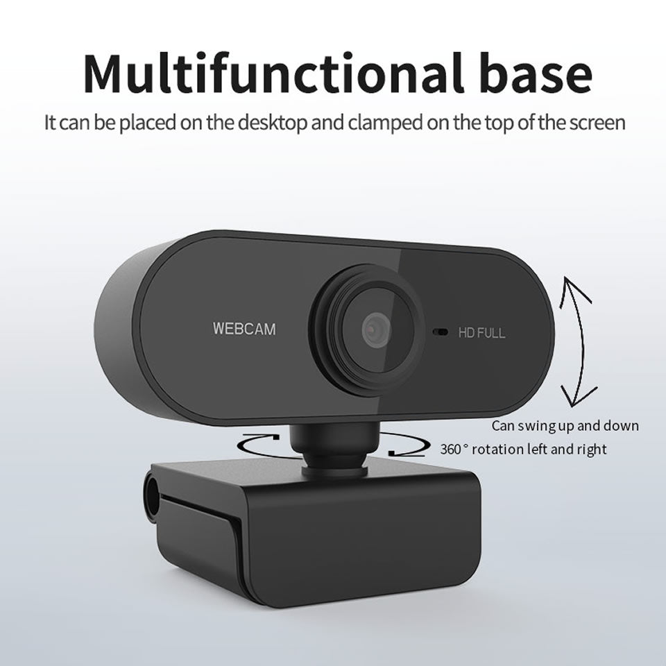 Black webcam with mounting options on a light gray background