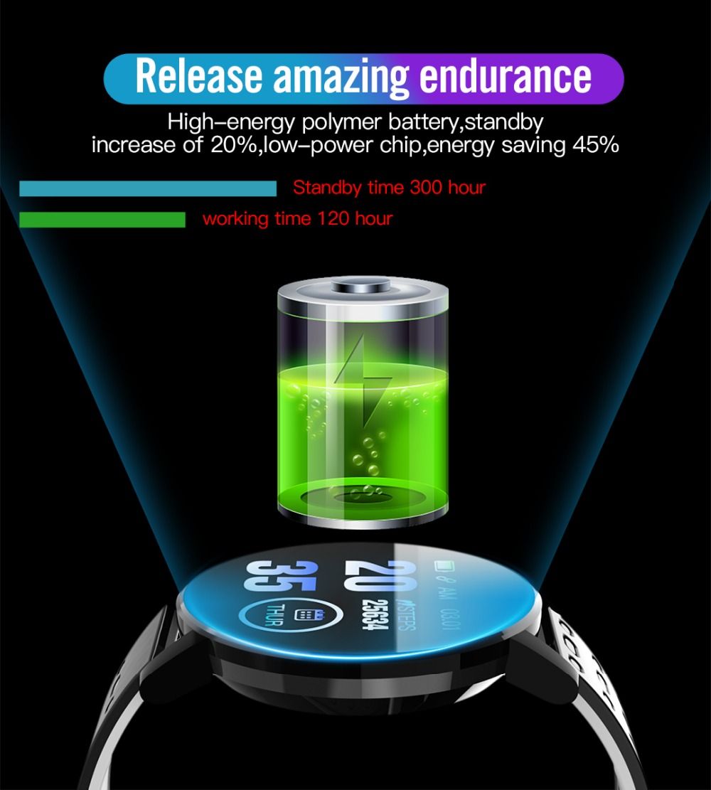 Smartwatch with a battery display and text about battery endurance on a black background