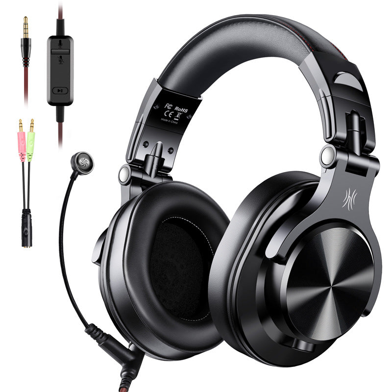 Black over-ear headphones with microphone and cable on a white background