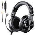 Black over-ear headphones with microphone and cable on a white background
