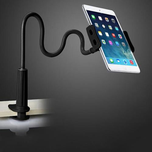 Black flexible tablet stand holding a tablet on a dark background