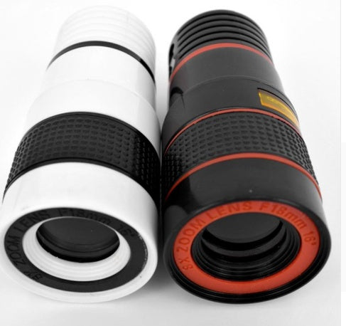 Black and white monoculars with red accents on a white background
