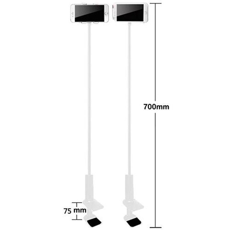 White dual-arm phone stand with smartphone mockups at the top and dimension labels showing 700mm height and 75mm base width on a light gray background.