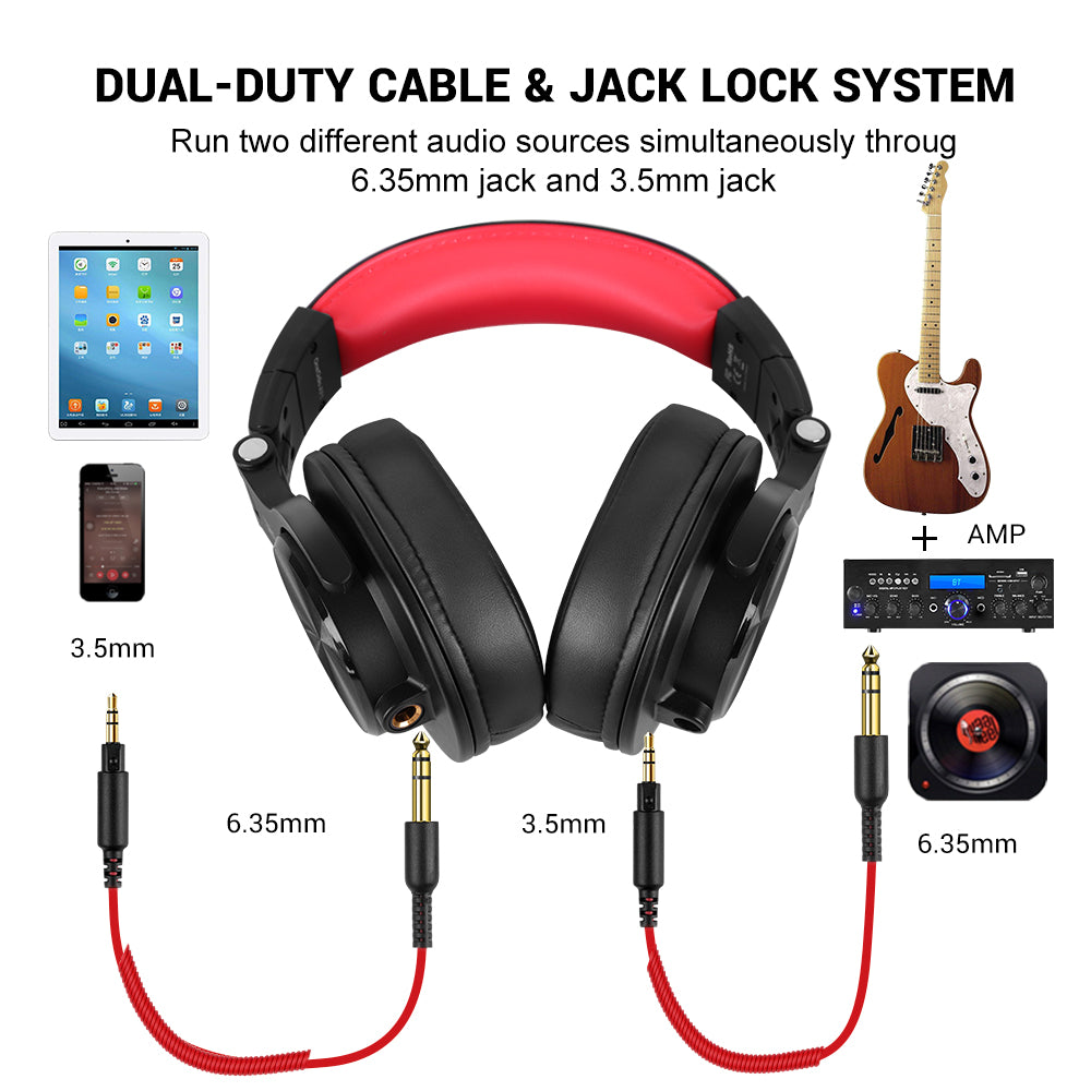 Headphones with dual-duty cable and jack lock system illustration, showing compatibility with devices and amp.