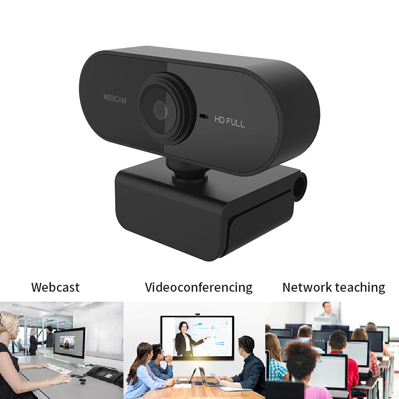 Black webcam with usage scenarios including webcast, videoconferencing, and network teaching.