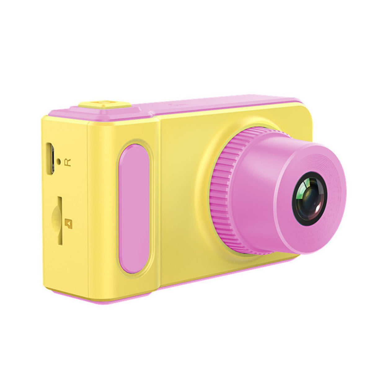 Yellow and pink toy camera on a white background