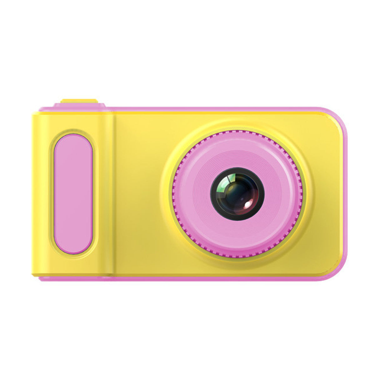 Yellow and pink toy camera on a white background