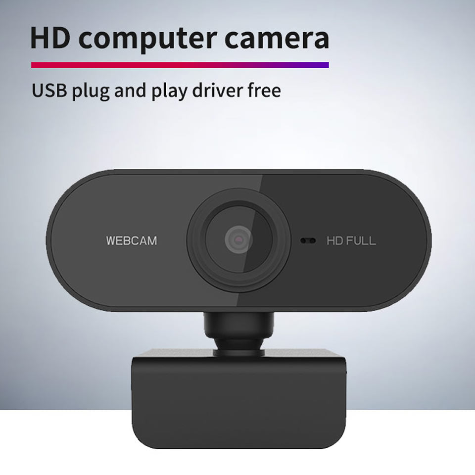 Black HD computer camera on a light gray background with text indicating USB plug and play and driver free.