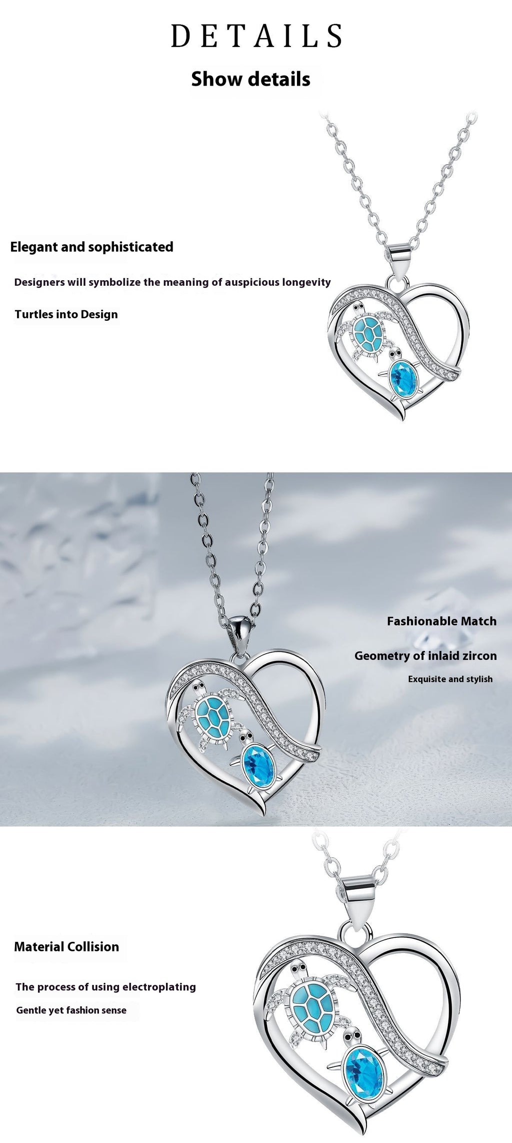 Heart-shaped necklace with blue gemstones on a white background