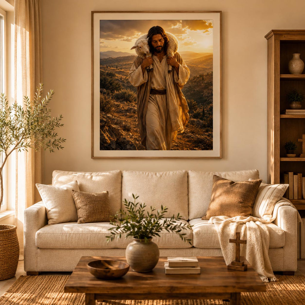 A large framed wall art print depicting Jesus carrying a sheep through a golden landscape, displayed above a cream-colored sofa in a warm, modern living room setting.