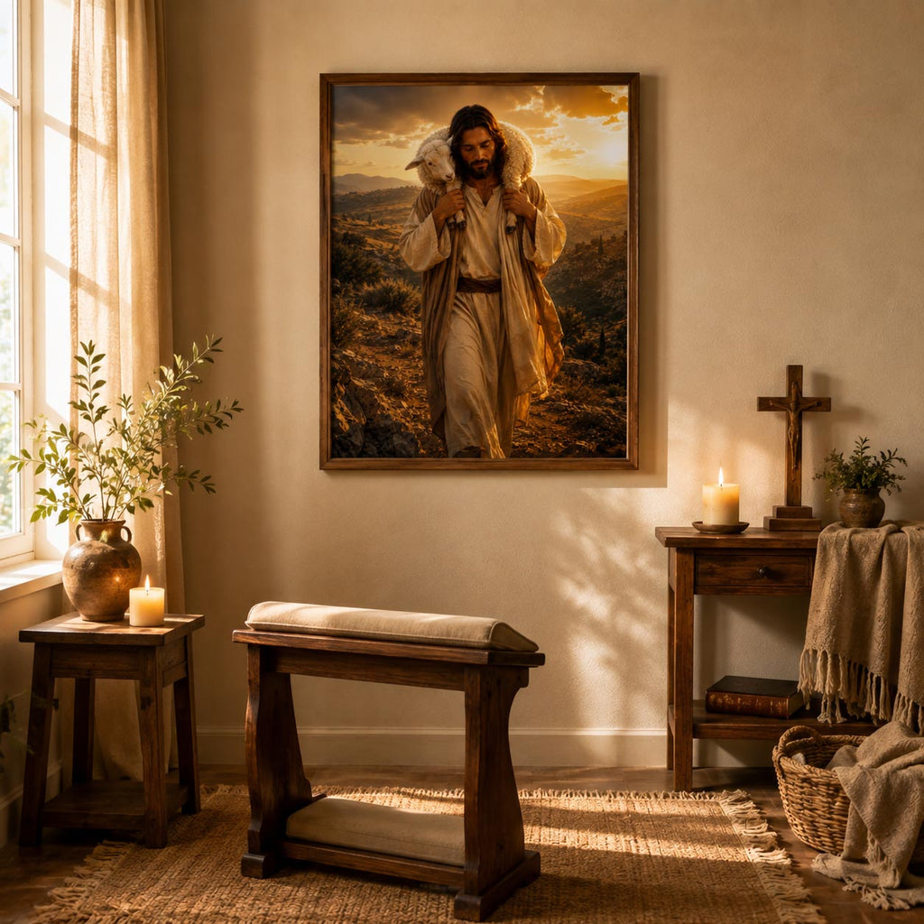 A large framed art print depicting Jesus walking on a rugged mountain path with a sheep on his shoulder, displayed on a beige wall in a rustic, warmly lit room with wooden furniture and candles.