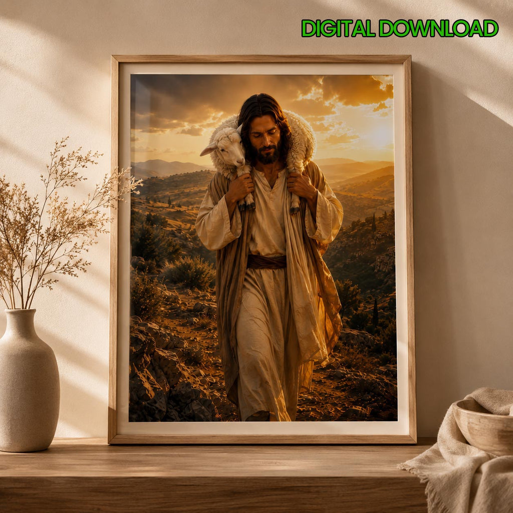 A framed art print depicting Jesus carrying a lamb on his shoulders while walking through a mountainous landscape at sunset, displayed on a wooden shelf next to a vase with dried branches. A green 'DIGITAL DOWNLOAD' text overlay is visible at the top.