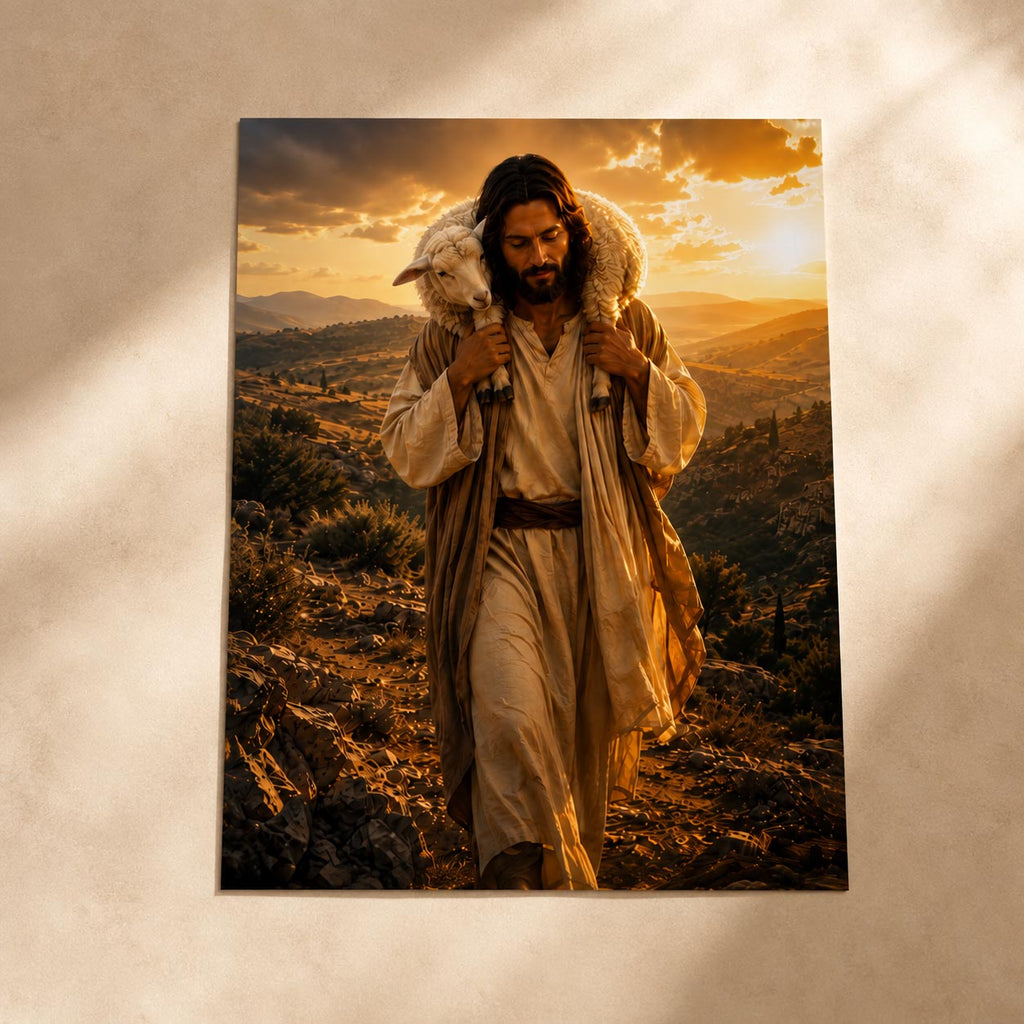 A vertical photographic art print depicting Jesus walking on a rocky hillside with an owl on his shoulder, set against a warm sunset sky. The print is displayed flat against a textured beige wall with soft shadows.
