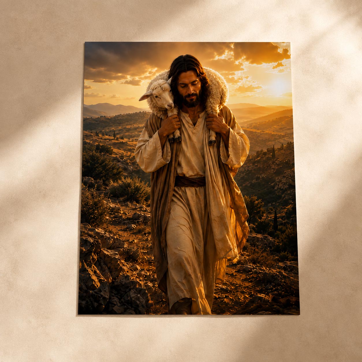 A vertical photographic art print depicting Jesus walking on a rocky hillside with an owl on his shoulder, set against a warm sunset sky. The print is displayed flat against a textured beige wall with soft shadows.
