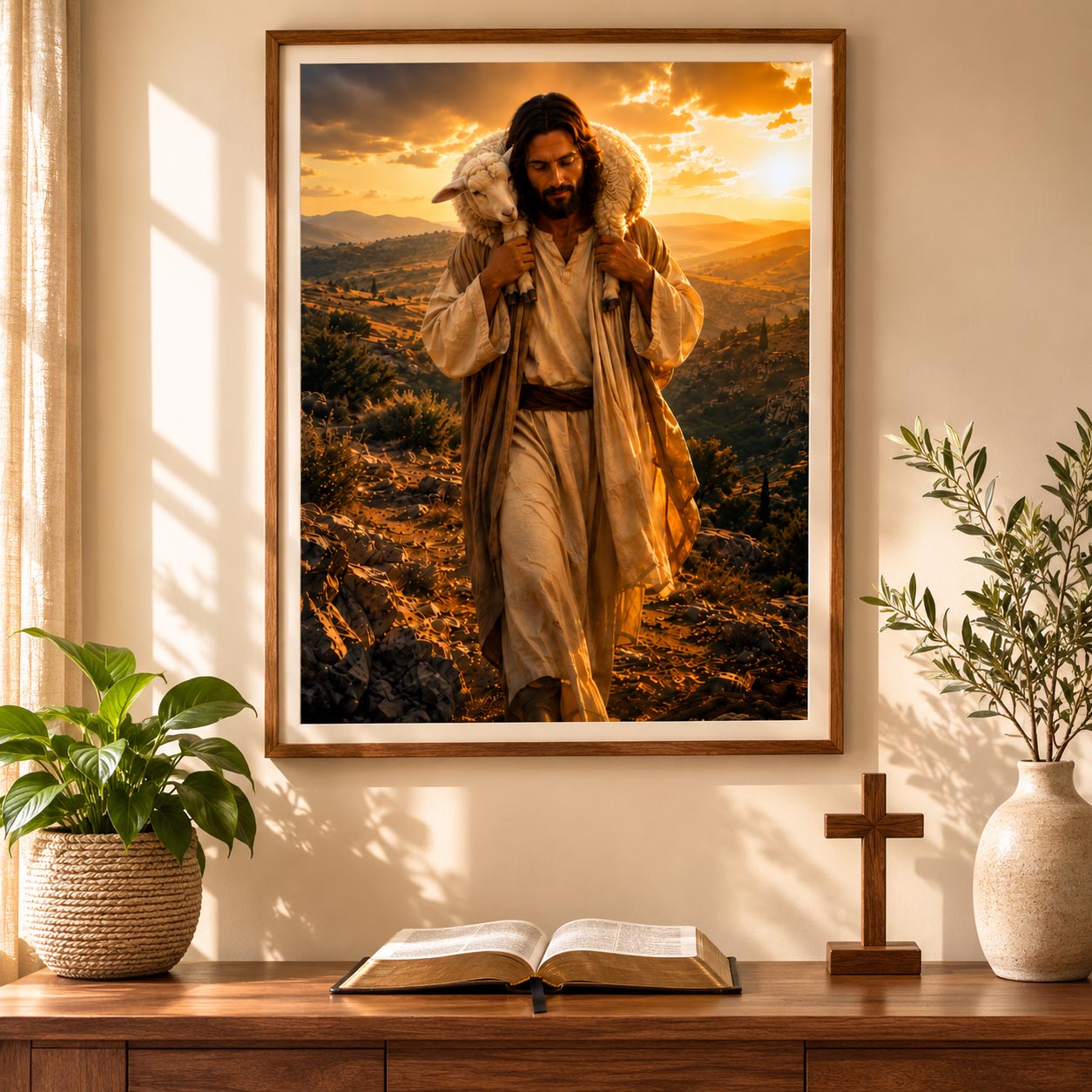 A large framed wall art print depicting Jesus carrying a white lamb through a golden sunset landscape, displayed above a wooden console table with an open book, a wooden cross, and potted plants.
