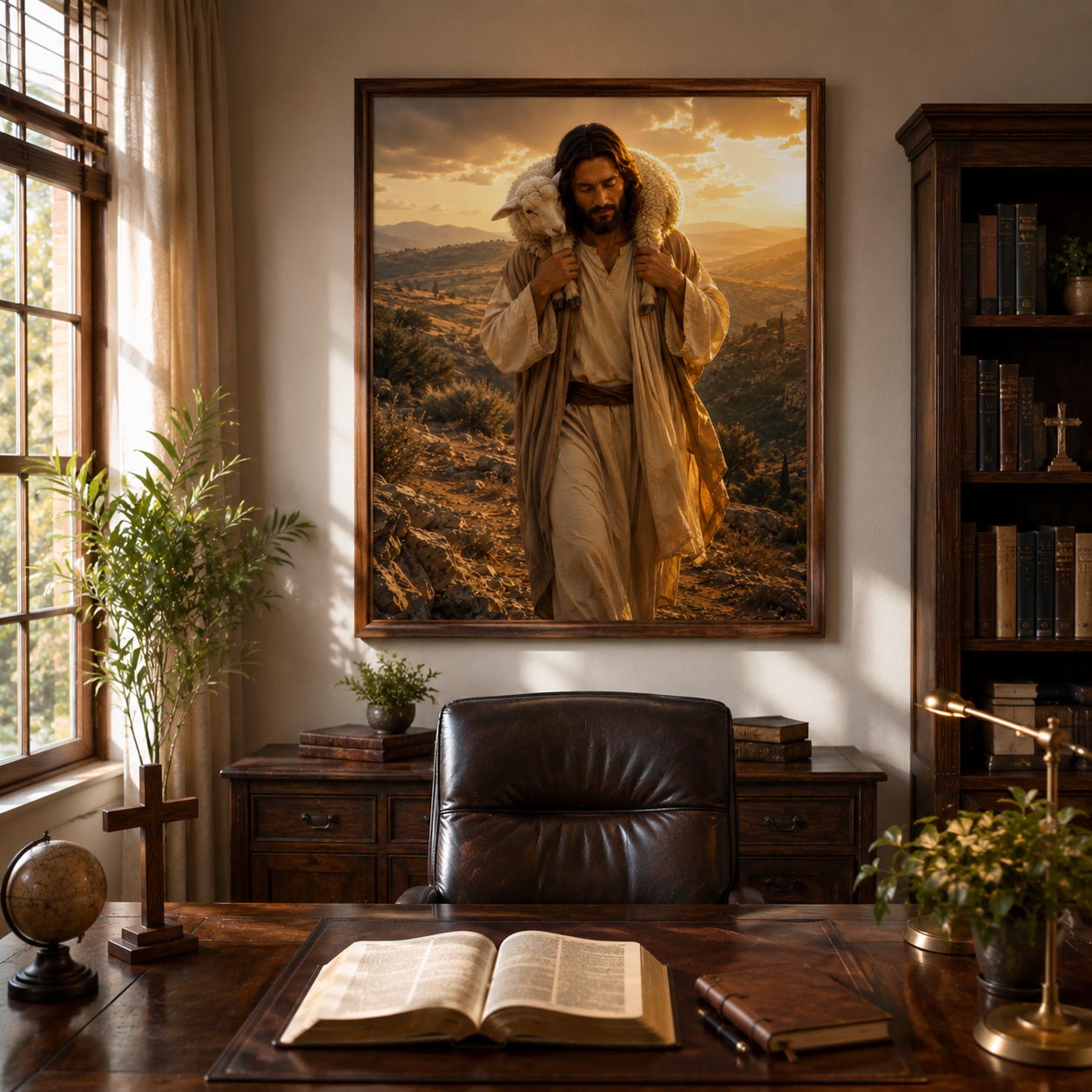 A large framed wall art print depicting Jesus carrying a lamb across a sunlit landscape, displayed above a dark leather office chair in a styled study with a desk, books, plants, and a window.