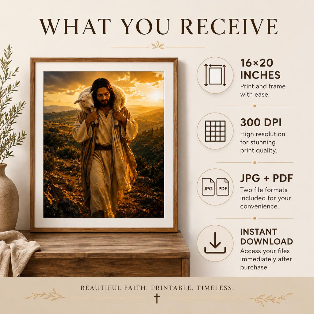 Promotional graphic for a customizable religious photo print. The central product is a framed print of Jesus carrying a sheep on a hillside at sunset, displayed on a wooden surface.