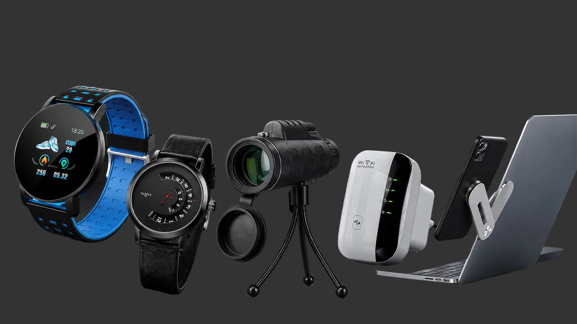 A promotional display of multiple smart tech gadgets on a dark tabletop against a dark gray background, including two smartwatches, a binocular-style device on a tripod, a white handheld electronic device, and a laptop with a smartphone attached. The text 'SMART TECH' appears at the top with smaller tagline text.