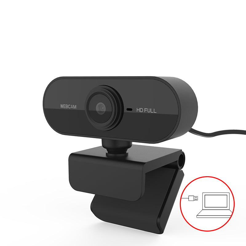Black webcam with USB connection icon on a white background
