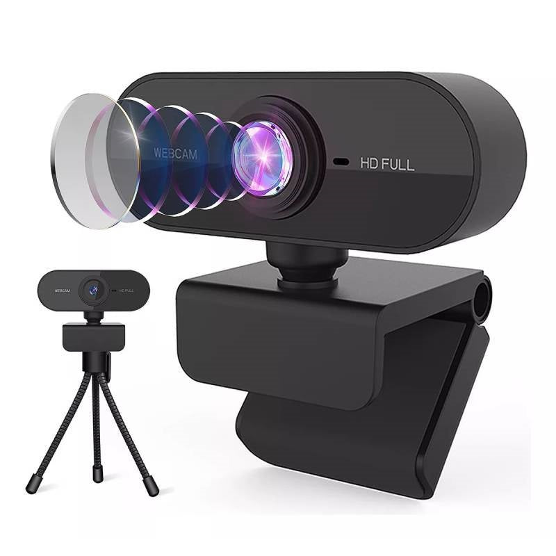 Black webcam with lens and tripod on a white background